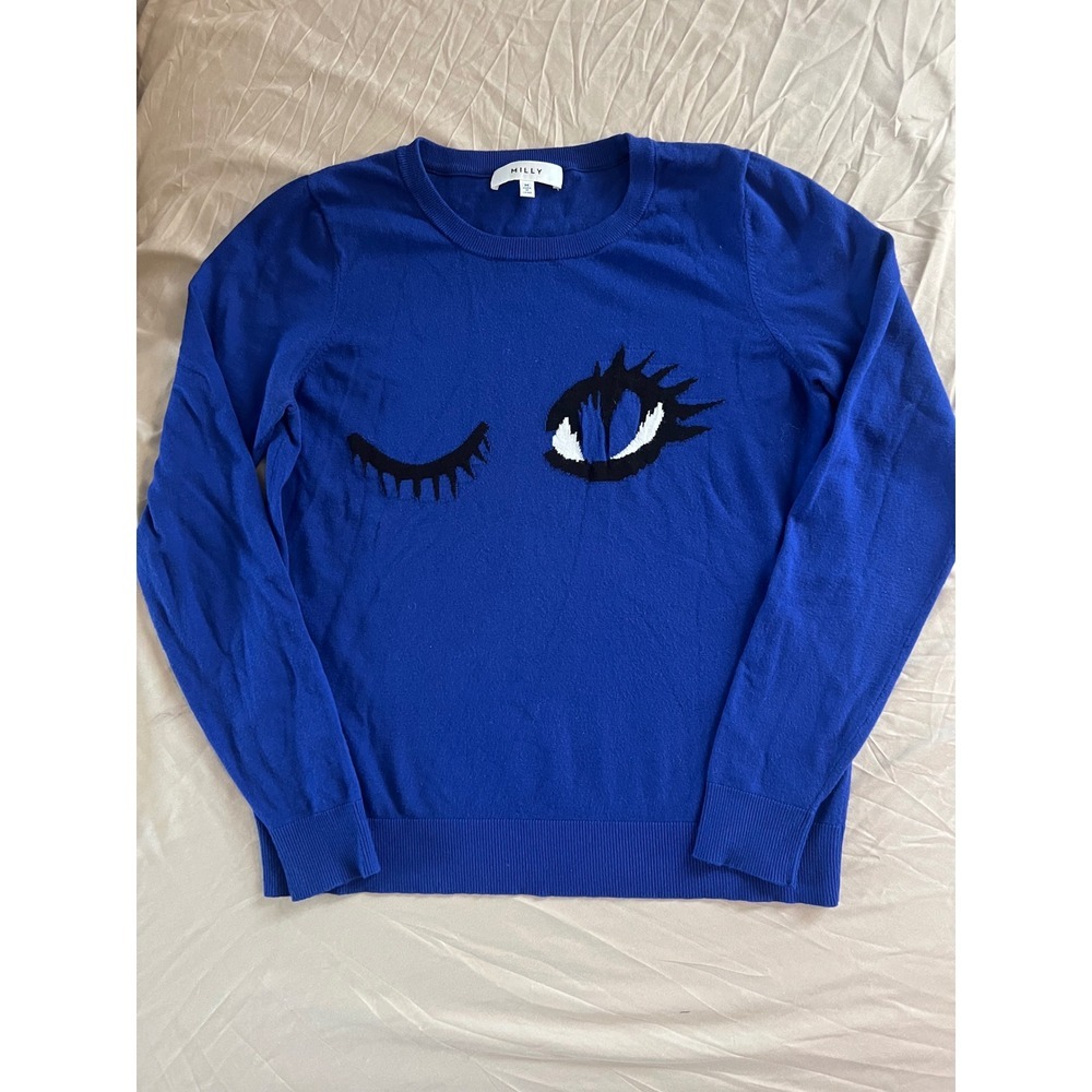 MILLY Blue Wink Eye Intarsia Knit Sweater Women's Medium Graphic Crewneck